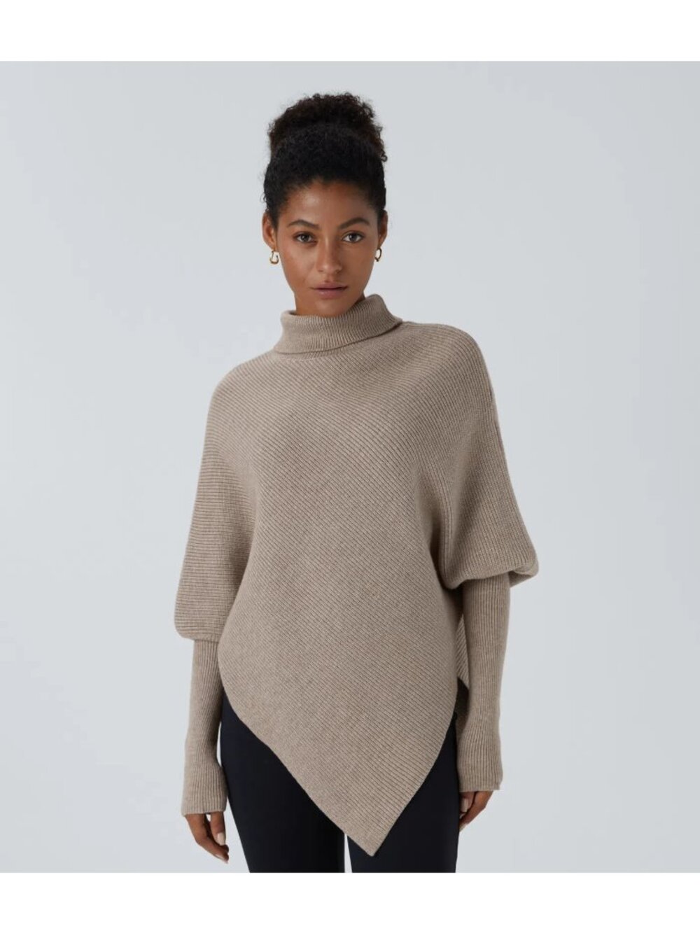 Halara Size L High Neck Long Sleeve Asymmetric Hem Work Sweater Oatmeal Ribbed